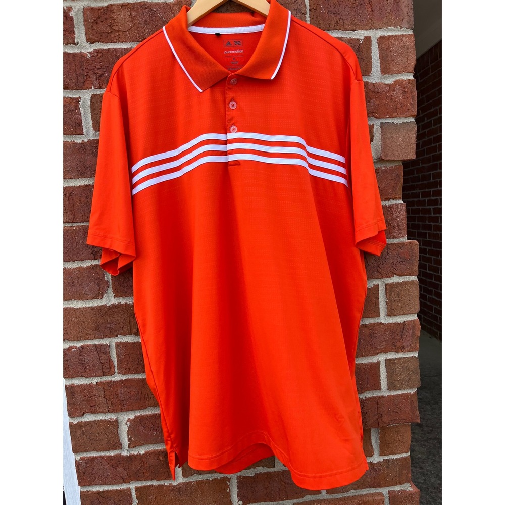 Adidas Puremotion Mens XL Orange Striped Golf Polo Shirt Short Sleeve RN 88387